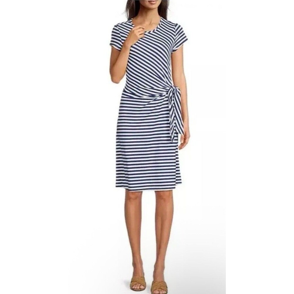 J.McLaughlin Elora Bangle Stripe Navy Blue White Sheath Tie Waist M Nautical